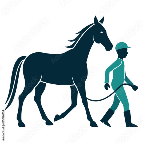 Person walking beside horse with rope equestrian training silhouette illustration