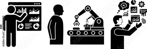 Person presenting data, robotic arm on conveyor, and man with AI thought bubble artificial intelligence