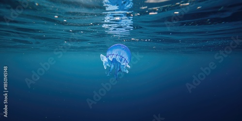 Graceful blue jellyfish in aquatic environment with sunlight reflections, highlighting ocean ecosystem health