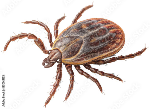 A highly detailed, realistic depiction of a dark brown and grey tick, exhibiting a segmented body and eight slender legs, appears to be crawling across a surface, isolated on transparent background.