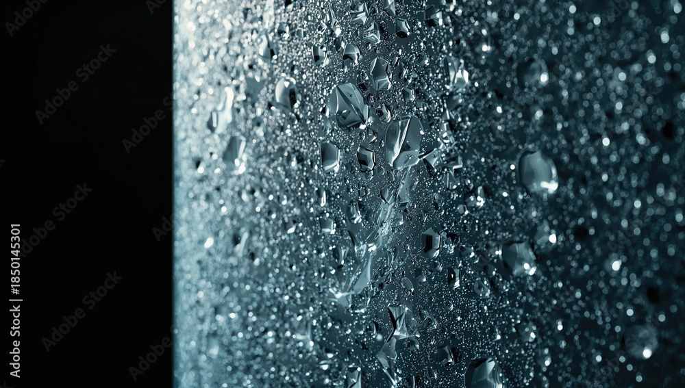 Obraz premium Clear glass with water droplets dripping down against a dark backdrop, used as a visual texture element