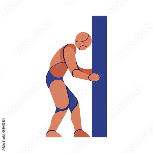 A stylized abstract humanoid figure, resembling a robot, leans against a blue pillar, symbolizing profound exhaustion, stress, and emotional burden.