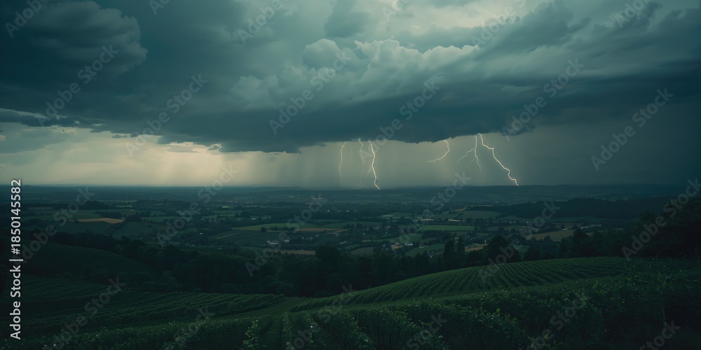 Fototapeta premium Stormy sky above a landscape featuring vineyards, forest, and farmland, highlighting weather influence on rural areas, summer rainy conditions