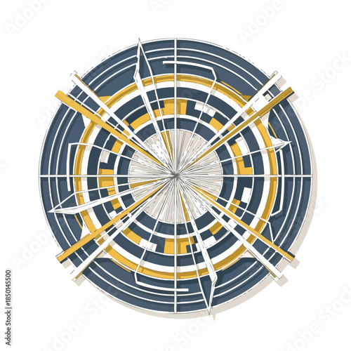 Abstract circular geometric pattern with radiating lines and concentric rings in blue, gold, and white.