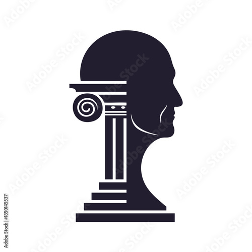 Symbolic silhouette of a human head merging with classical architecture representing wisdom and history.