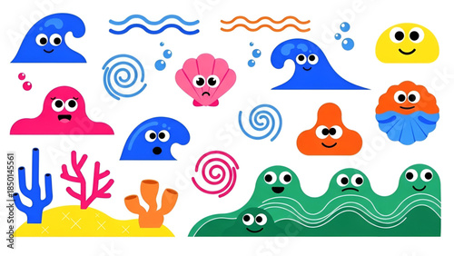 Colorful cartoon sea creatures and ocean elements