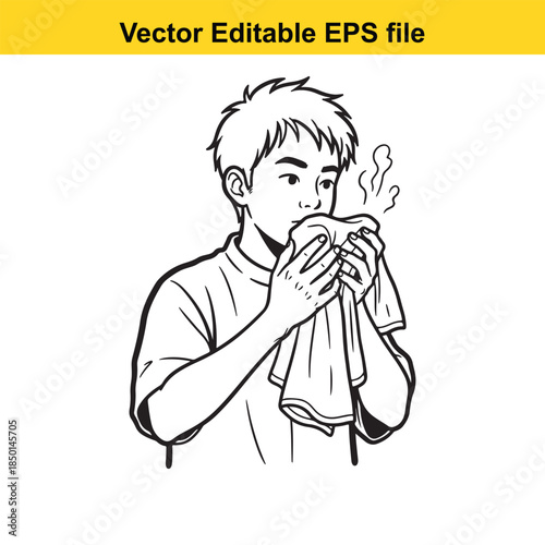  vector illustration of a man blowing his nose on a handkerchief in black and white