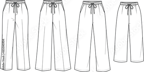 cad drawing flat vector illustration, women loose fit drawstring waist pants technical fashion sketch, front view template design
