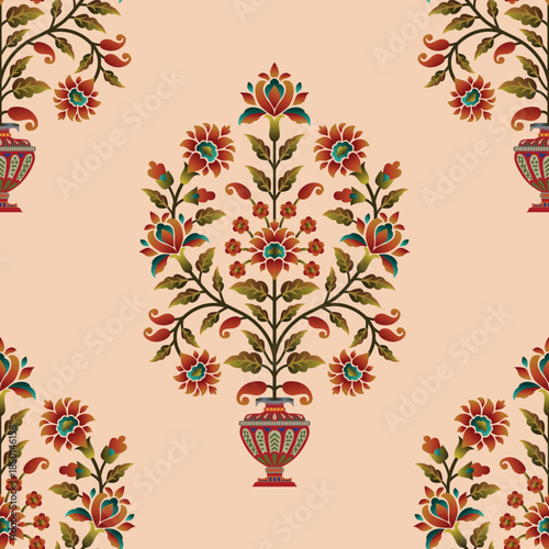 Abstract seamless color full mughal motif paisley flower leaf bunch pattern