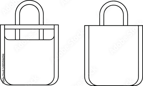 CAD drawing flat vector illustration, minimal tote bag front and back view, fashion accessory design, handbag template for mockup.