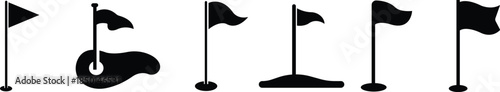 Golf Flag Flat Style Vector Icon Set, Course Marker Symbol Collection and Sports Outline Graphic Group Featuring Hole Flag, Pin Elements in Minimal Design