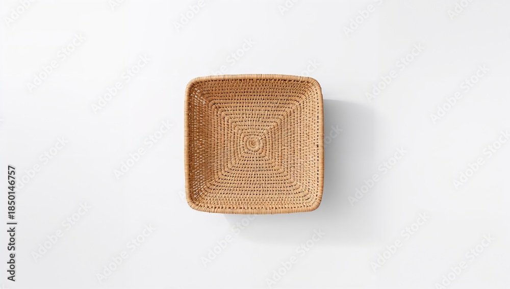 Obraz premium Woven rattan basket with detailed craftsmanship on a plain white surface, ideal for storage or decorative use