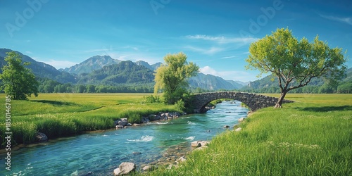 Fototapeta Naklejka Na Ścianę i Meble -  Vibrant summer scene of an island with forested terrain and water, suitable for travel backgrounds