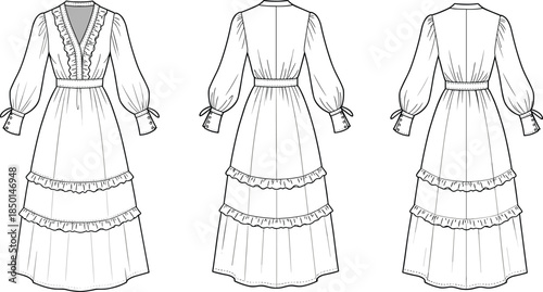 cad drawing flat vector illustration, ruffled long sleeve maxi dress technical sketch, fashion design template, front and back view, mockup