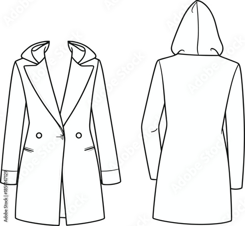 Cad drawing flat vector illustration, stylish women's long coat, tailored design, double-breasted buttons