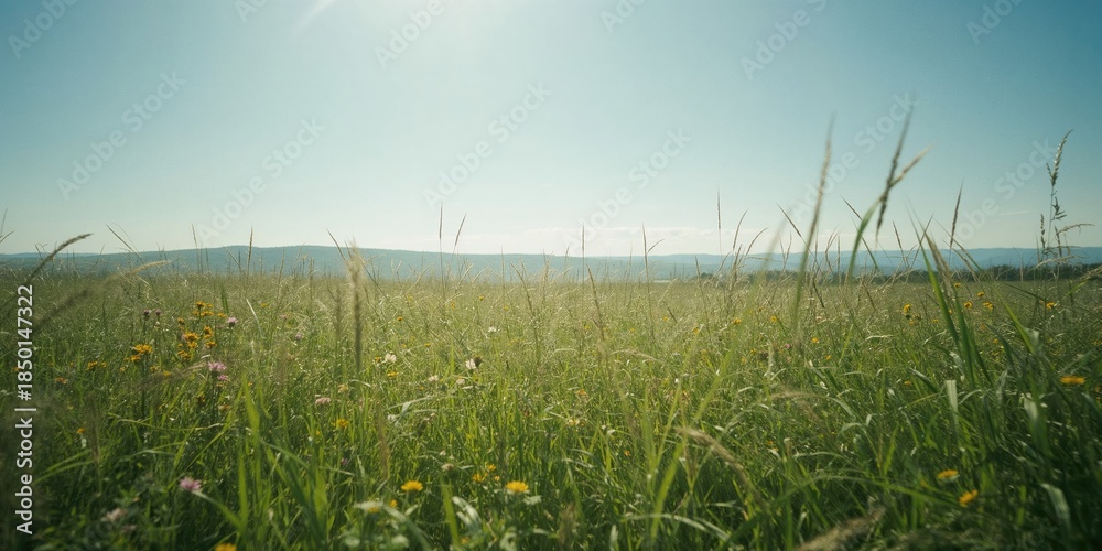 Naklejka premium Swaying tall grass blades in a gentle breeze, used as an editorial header background, Earth Day