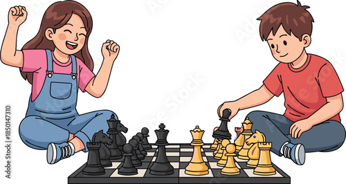 Vector Illustration of a Young Boy and Girl Playing Chess Together for Strategy Learning and Fun Educational Activity