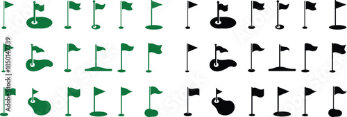 Golf Flag Flat Style Vector Icon Set, Course Marker Symbol Collection and Sports Outline Graphic Group Featuring Hole Flag, Pin Elements in Minimal Design
