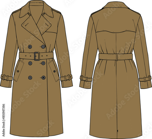 cad drawing flat vector illustration, technical sketch of classic belted trench coat, front and back view, fashion design template, apparel mockup