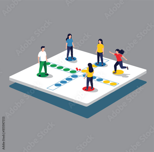 Isometric Vector Illustration of Friends Playing a Ludo Board Game Together for Fun Social Activity and Family Entertainment