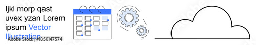 Cloud storage, collaboration tools, automation, task planning, data backup, business processes. Calendar, gears and cloud graphic. Cloud storage and collaboration tools concept
