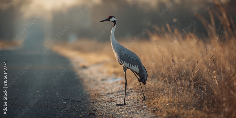 Fototapeta premium Winter migrant Sandhill Crane perched along Staten Island Road in Lodi, CA, highlighting migratory patterns