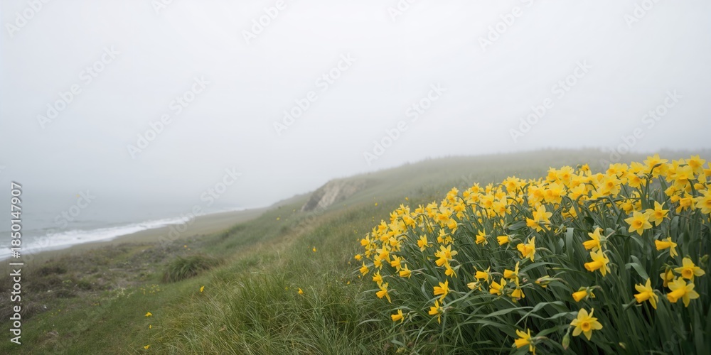 Fototapeta premium Yellow shoreline daffodils on Nantucket Island, natural spring bloom highlighting seasonal change
