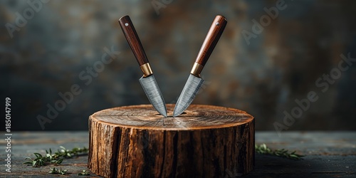 A knife and cleaver stuck in a wooden stump, highlighting tool safety and sharpening needs in outdoor work