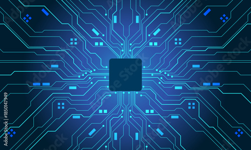 Abstract blue circuit board technology connected lines electronics elements computer motherboard chip processor semiconductor digital background vector