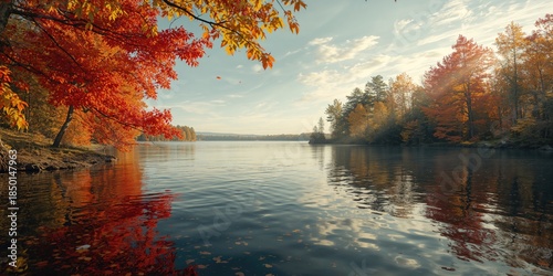 Autumn leaves in lakeside and marshland scenery in Nova Scotia, seasonal transition focus