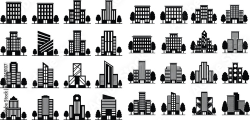 Building and tree icon set, various facade styles for cityscape illustrations