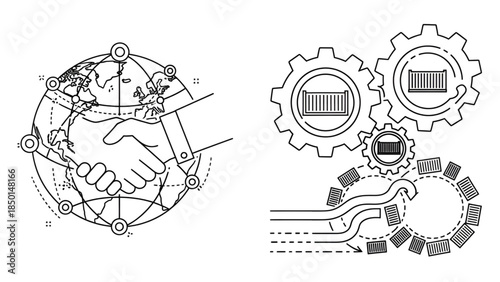 Handshake globe and gears technology partnership illustration