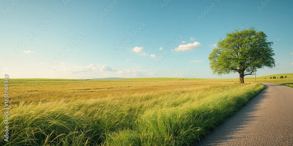 Naklejka premium Expansive shot of a summer heath landscape featuring grass, land, and a road, highlighting nature and travel themes