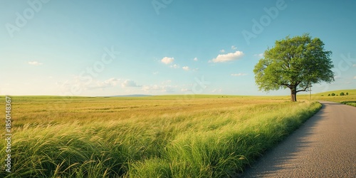 Fototapeta Naklejka Na Ścianę i Meble -  Expansive shot of a summer heath landscape featuring grass, land, and a road, highlighting nature and travel themes