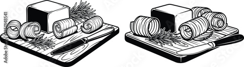 Butter block and curls with rosemary sprig on a wood board detailed illustration
