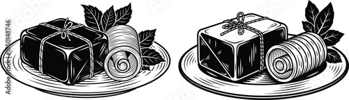 Butter portions with curls, bound and presented on plates, engraved style