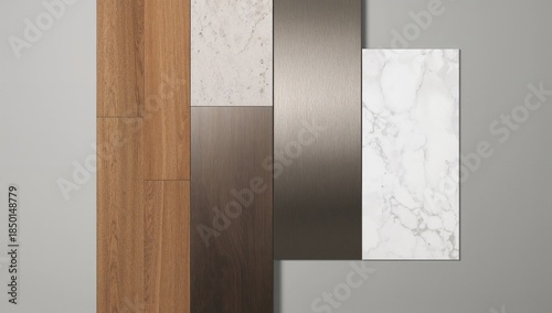 Flat lay of house decoration materials including wooden vinyl flooring, stone tiles, quartz, and stainless elements used in interior design, layout background