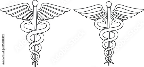 Caduceus medical symbol design, detailed line art featuring two snakes winding around staff with wings