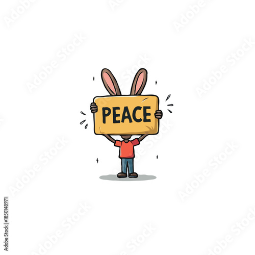 Unique Illustration of Rabbit-Eared Character Advocating for Peace and Harmony Among Diverse