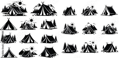 Camping tent design illustrations with mountain and tree icons, various silhouette styles