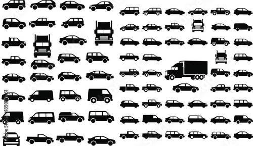 Car silhouette collection featuring sedan, suv, truck, and van transportation icons, vehicles array