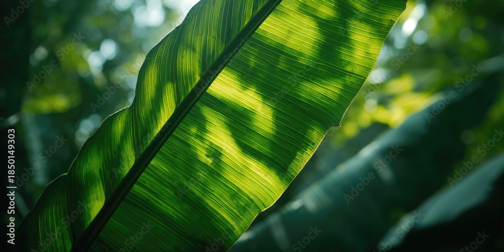 Naklejka premium Tropical green banana leaf with interplay of light and shadow, ideal for background textures
