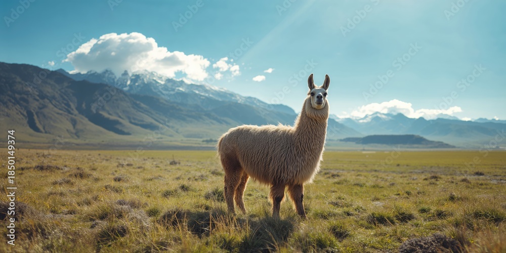 Fototapeta premium Bolivian llama on a border landscape between Chile and Bolivia, emphasizing native animal habitats