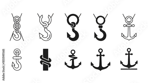 Vintage black and white anchor and hook illustrations