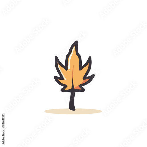 Isolated yellow leaf with dark outline showcasing a whimsical autumnal depiction on plain