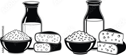Cartoon dairy illustration with milk in jug, cheese, and bowl of cottage cheese