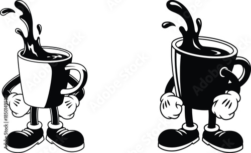 Cartoon coffee mug character with vintage animation design and splashing liquid