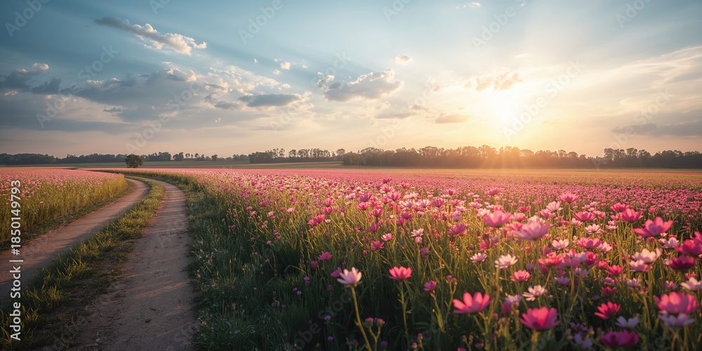 Naklejka premium Dirt road winding through a colorful flower field, ideal for editorial header backgrounds or visual layouts
