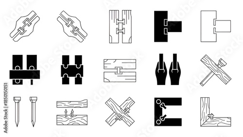 Woodworking joints and fasteners diagram set