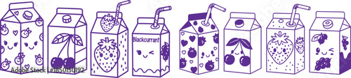 Cartoon fruit juice boxes lineup in flat design with kawaii faces and cute straws